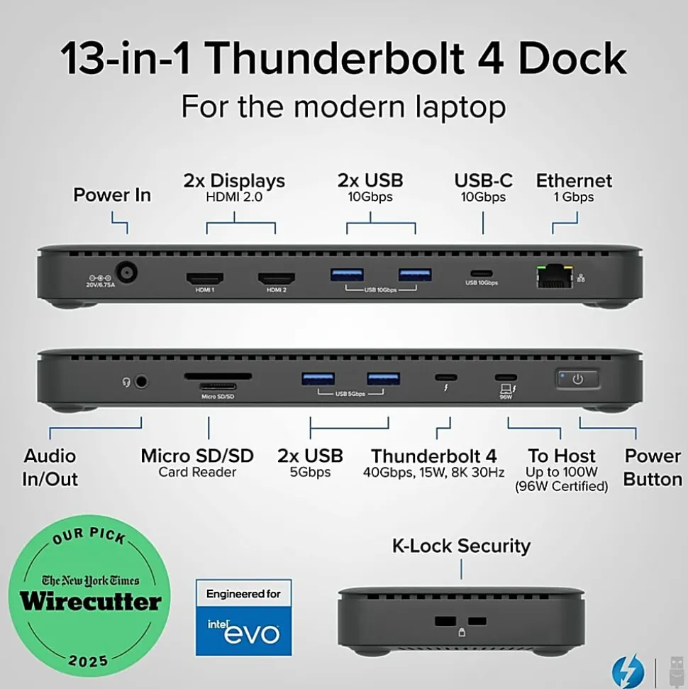 Plugable Thunderbolt 4 Dock with 100W Charging, Thunderbolt Certified - Laptop Docking Station Dual Monitor Single 8K or Dual 4K HDMI - TBT4UD5