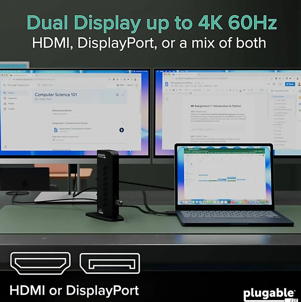 Plugable USB 3.0 and USB-C Dual 4K Display Docking Station with DisplayPort and HDMI - UD6950Z
