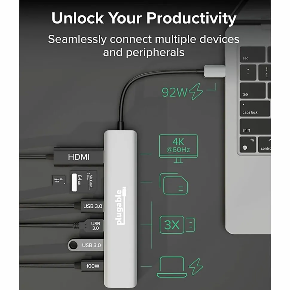 Plugable USB C Hub Multiport Adapter, 7-in-1 Hub Compatible with MacBook Pro, Windows, Chromebook, Dell XPS, Thunderbolt 3 and More - USBC7IN1
