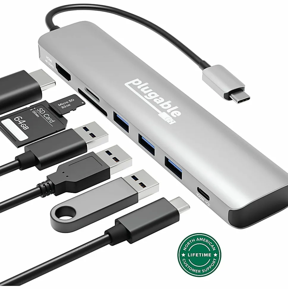 Plugable USB C Hub Multiport Adapter, 7-in-1 Hub Compatible with MacBook Pro, Windows, Chromebook, Dell XPS, Thunderbolt 3 and More - USBC7IN1