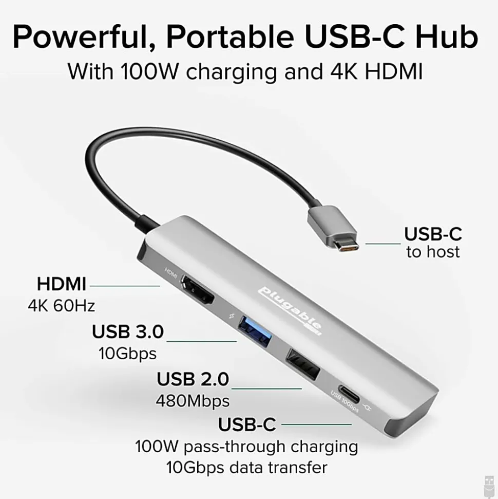 Plugable USB C Hub Multiport Adapter, 4 in 1, 100W Pass Through Charging USB C to HDMI 4K 60Hz - Multi USB Port Hub - USBC4IN1