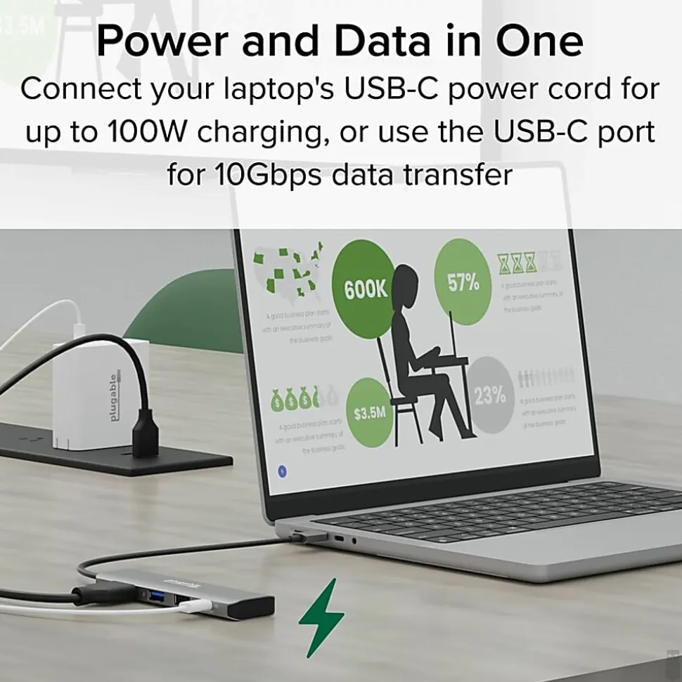 Plugable USB C Hub Multiport Adapter, 4 in 1, 100W Pass Through Charging USB C to HDMI 4K 60Hz - Multi USB Port Hub - USBC4IN1