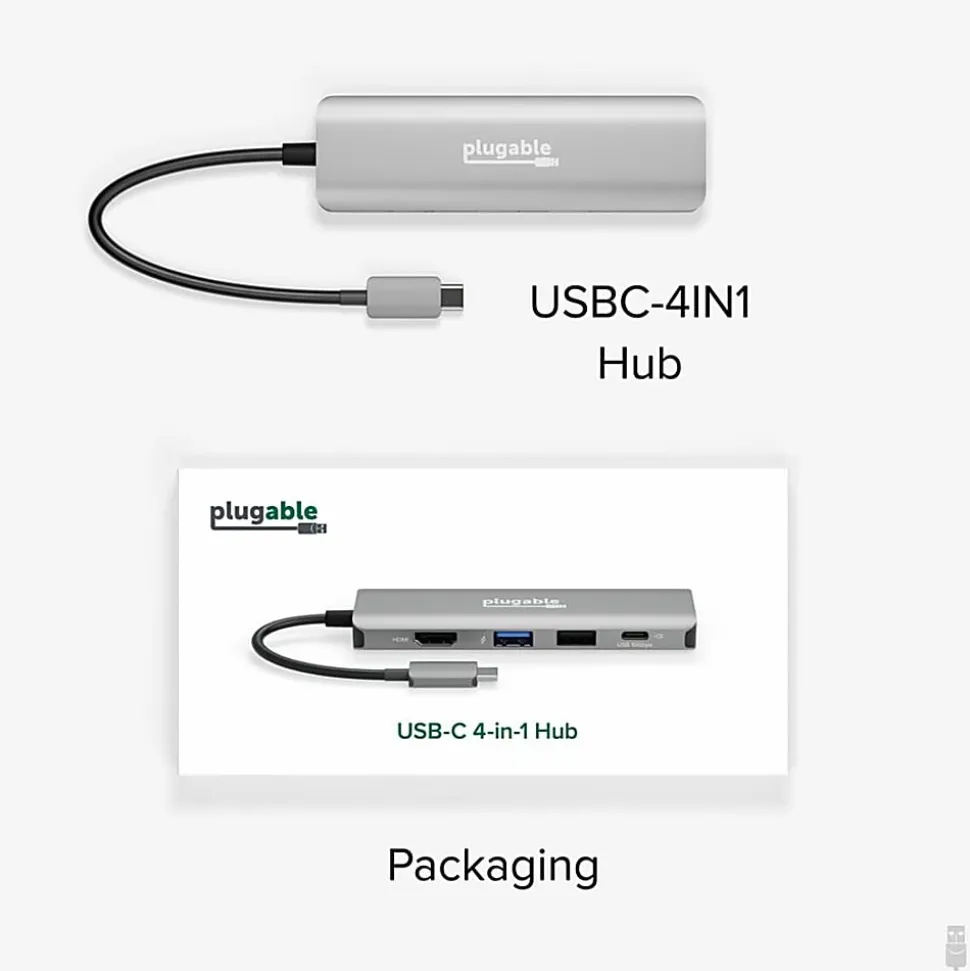 Plugable USB C Hub Multiport Adapter, 4 in 1, 100W Pass Through Charging USB C to HDMI 4K 60Hz - Multi USB Port Hub - USBC4IN1