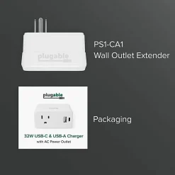 Plugable Wall Outlet Extender with 1x USB-C and 1x USB, 32W USB C Charger Block - USBC Fast Charger  - PS1CA1