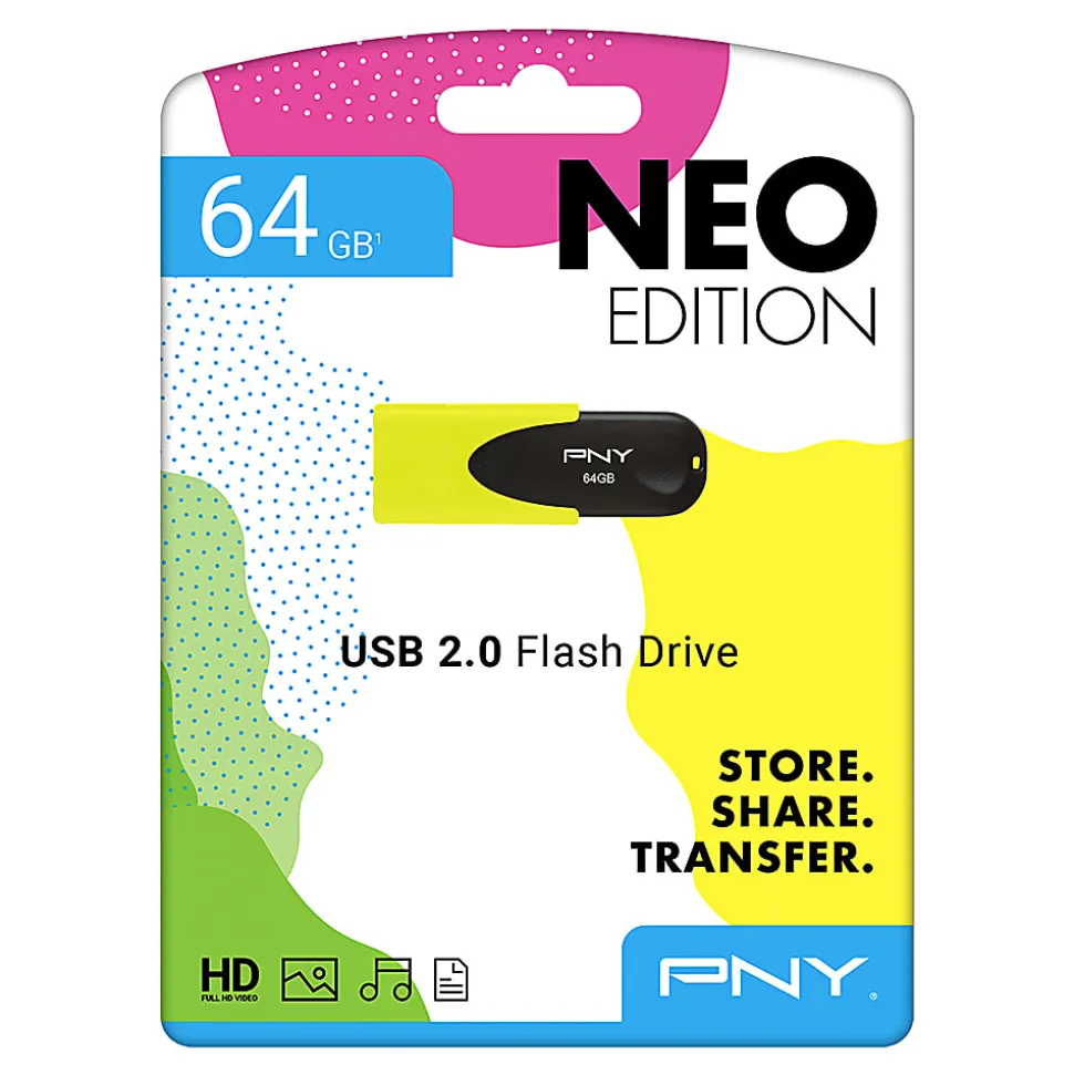 PNY Attaché 4 USB 2.0 Flash Drive, 64GB, Assorted Neon Colors