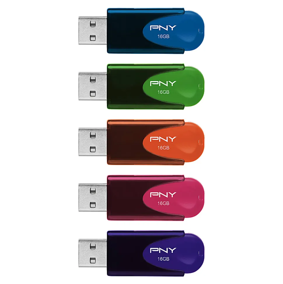 PNY Attaché 4 USB 2.0 Flash Drives, 16GB, Assorted Colors, Pack Of 5 Drives