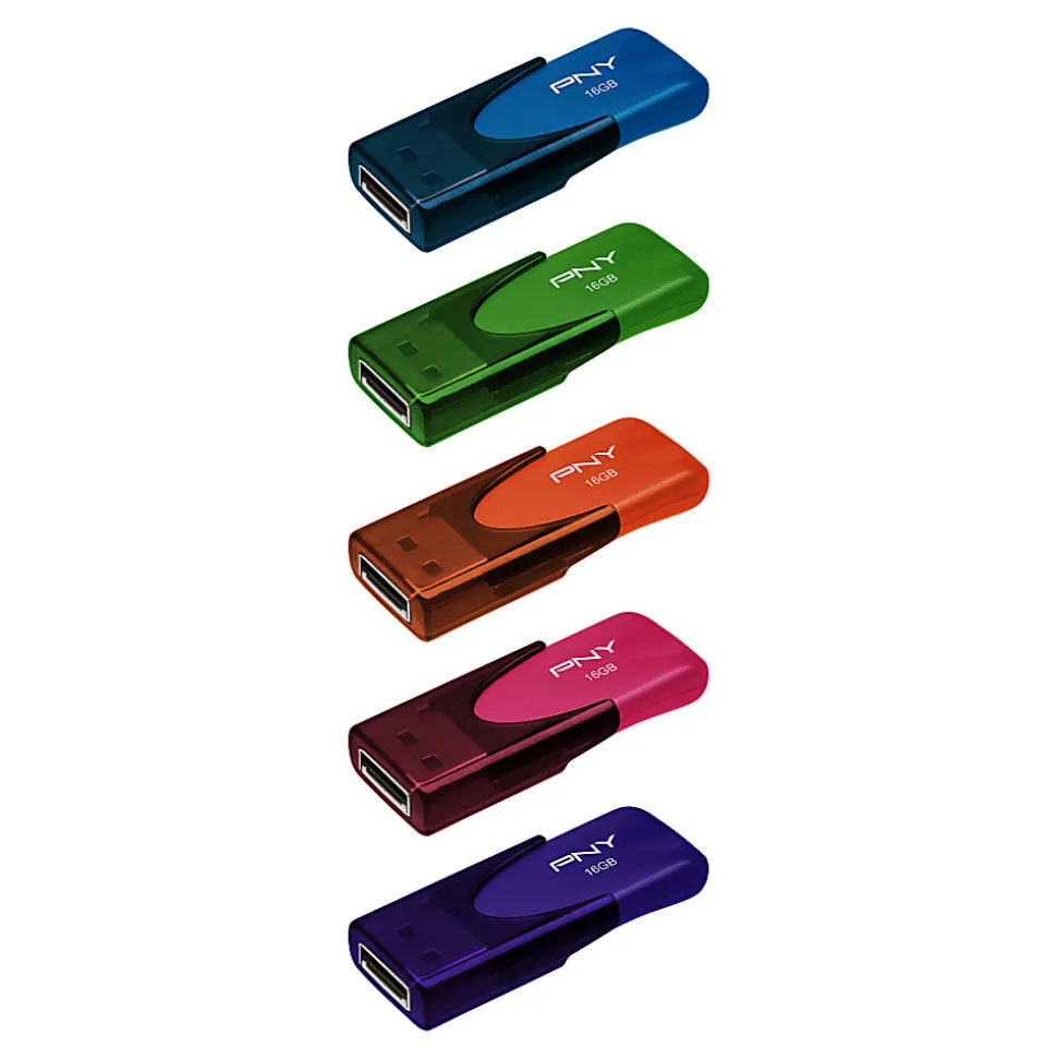 PNY Attaché 4 USB 2.0 Flash Drives, 16GB, Assorted Colors, Pack Of 5 Drives