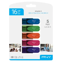 PNY Attaché 4 USB 2.0 Flash Drives, 16GB, Assorted Colors, Pack Of 5 Drives