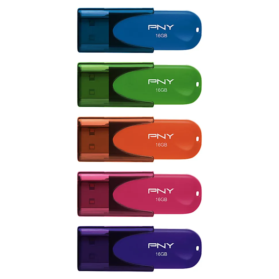 PNY Attaché 4 USB 2.0 Flash Drives, 16GB, Assorted Colors, Pack Of 5 Drives