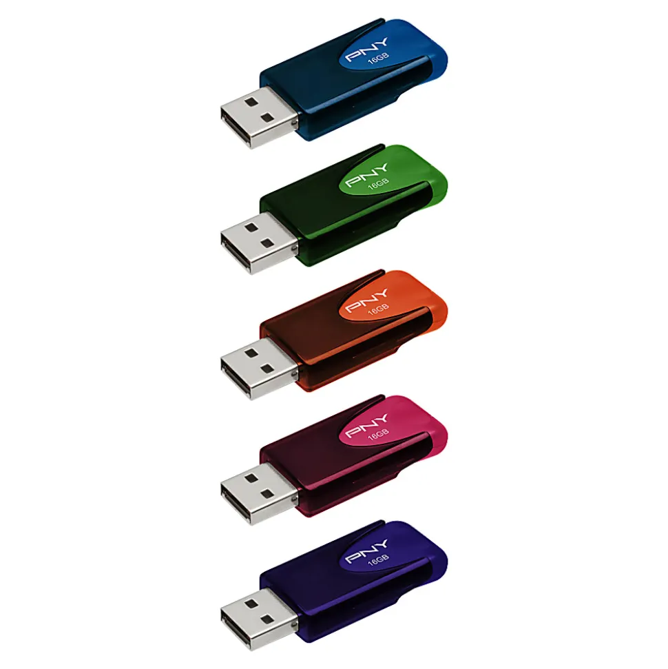 PNY Attaché 4 USB 2.0 Flash Drives, 16GB, Assorted Colors, Pack Of 5 Drives
