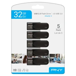 PNY Attaché 4 USB 2.0 Flash Drives, 32GB, Black, Pack Of 5 Drives