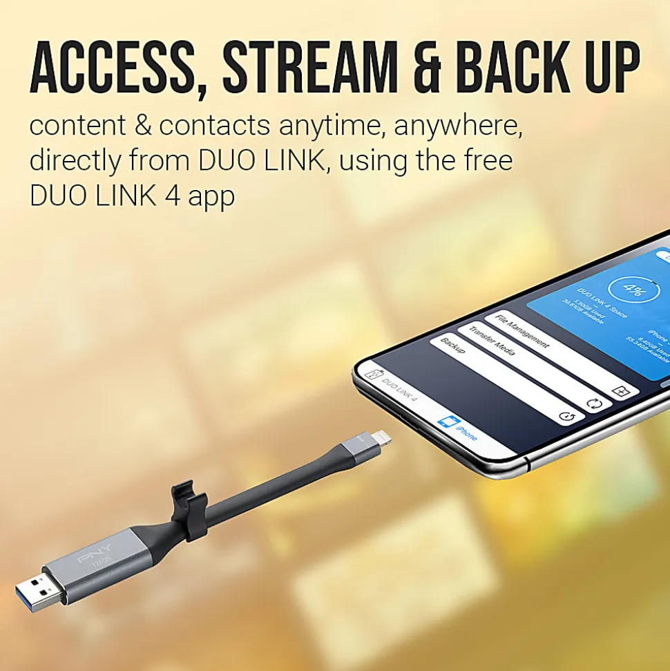 PNY Duo Link iOS USB 3.0 OTG Flash Drive, 128GB, Metal/Gray
