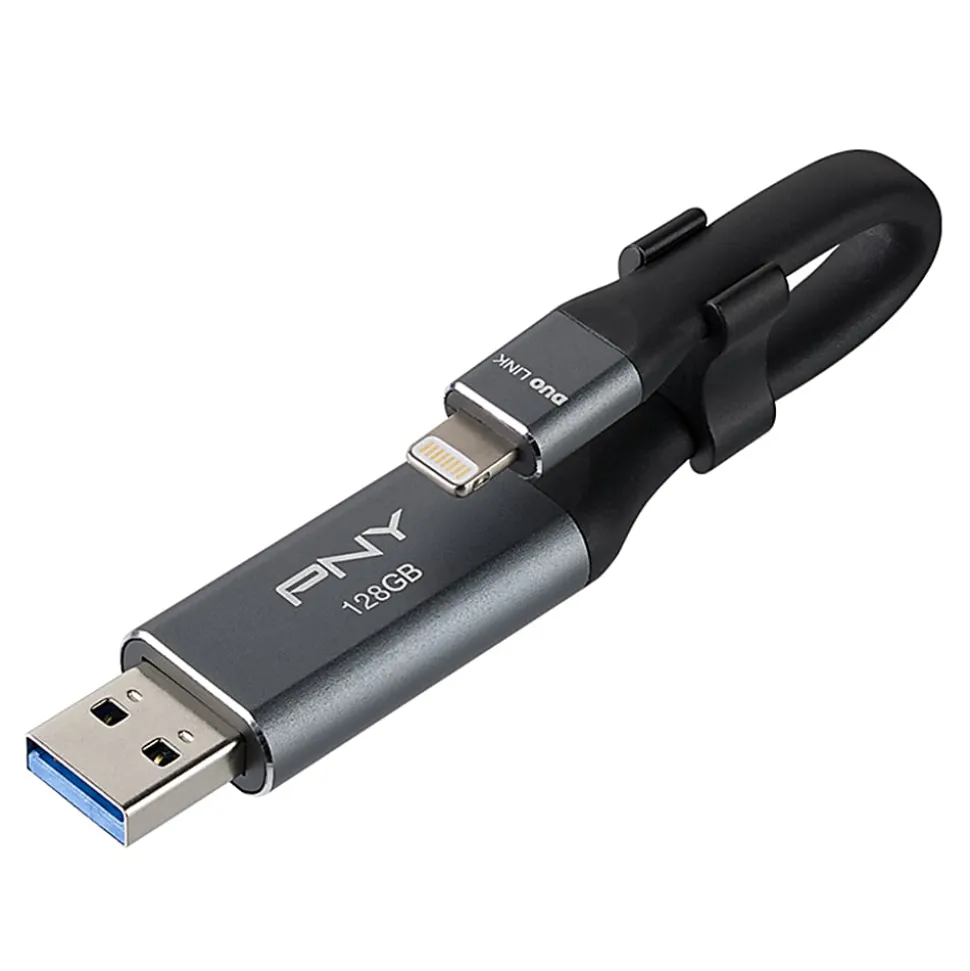 PNY Duo Link iOS USB 3.0 OTG Flash Drive, 128GB, Metal/Gray