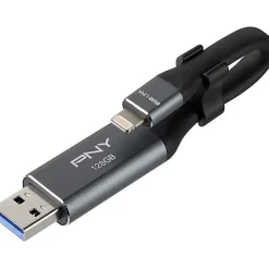 PNY Duo Link iOS USB 3.0 OTG Flash Drive, 128GB, Metal/Gray