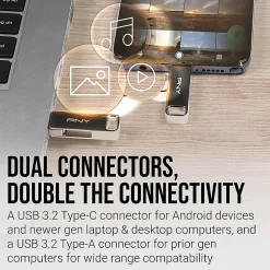 PNY DUO LINK USB 3.2 Type-C Dual Flash Drive, 64GB, Silver