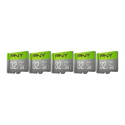 PNY® Elite Class 10 U1 100 Mbps microSDHC Flash Memory Cards, 32GB, Pack Of 5 Memory Cards