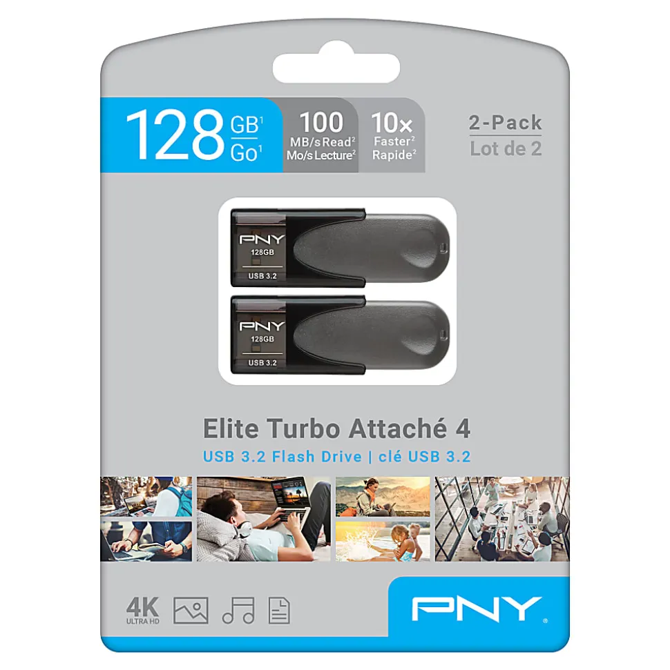 PNY Elite Turbo Attaché 4 USB 3.2 Flash Drives, 128 GB, Dark Gray, Pack Of 2 Flash Drives