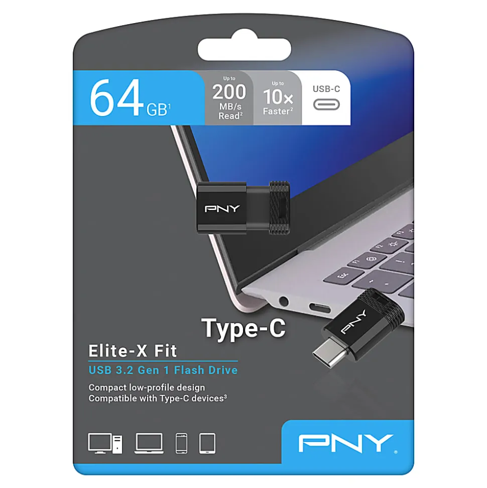 PNY Elite-X Fit Type-C USB 3.2 Flash Drive, 64GB, Black