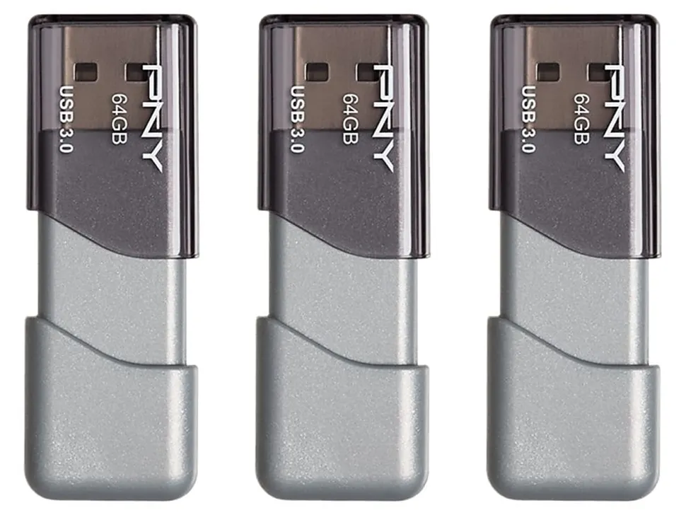 PNY Turbo Attaché 3 USB 3.0 Flash Drive, 64 GB, Silver, Pack Of 3