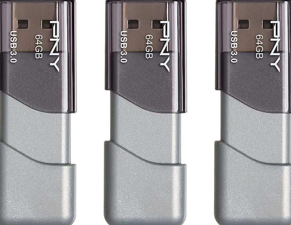 PNY Turbo Attaché 3 USB 3.0 Flash Drive, 64 GB, Silver, Pack Of 3