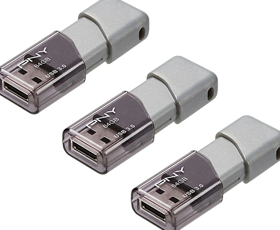 PNY Turbo Attaché 3 USB 3.0 Flash Drive, 64 GB, Silver, Pack Of 3