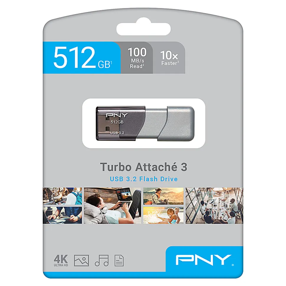 PNY® Turbo Attaché 3 USB 3.2 Flash Drive, 512GB, Silver