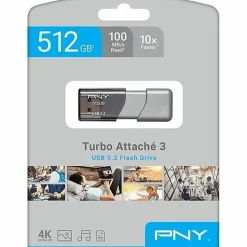 PNY® Turbo Attaché 3 USB 3.2 Flash Drive, 512GB, Silver