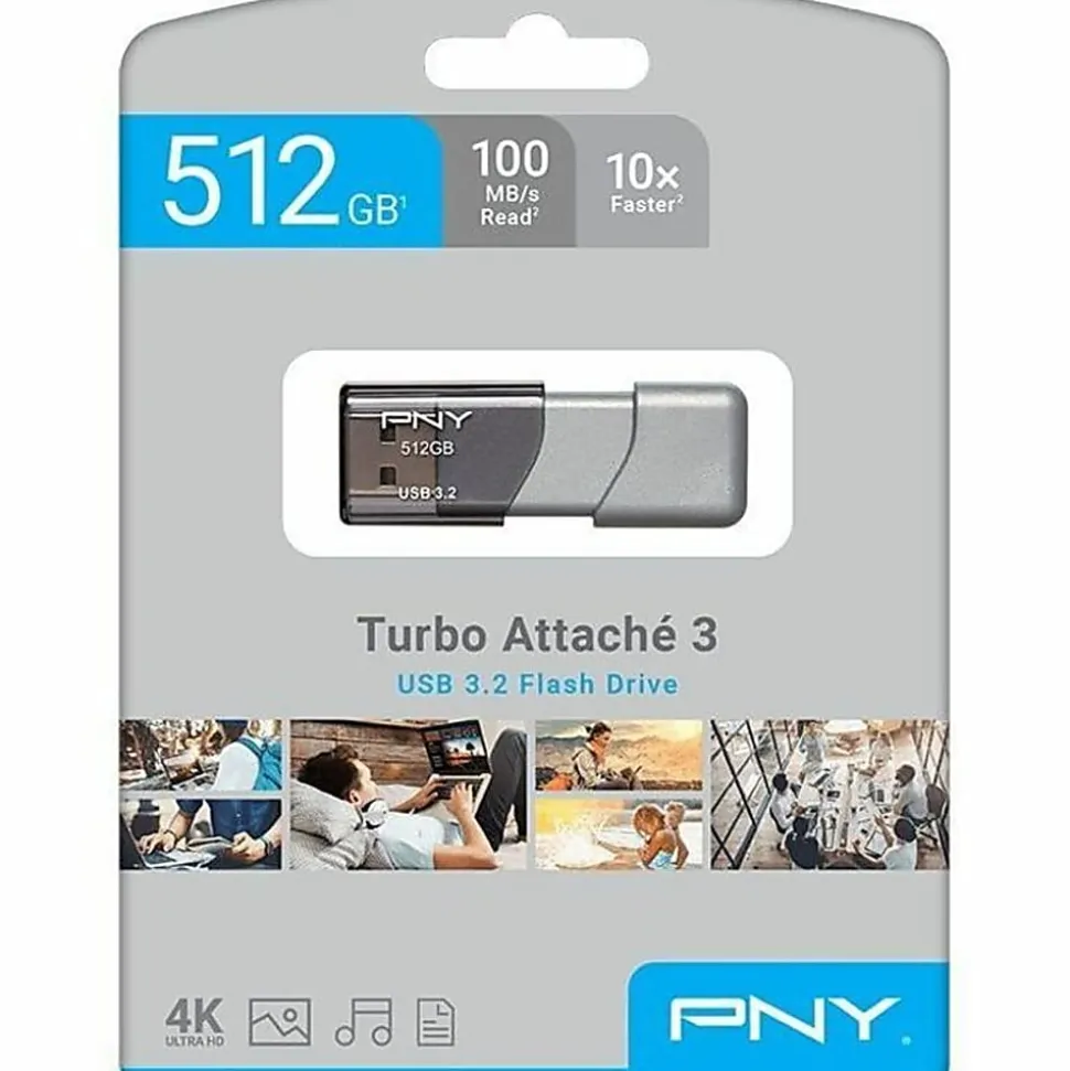 PNY® Turbo Attaché 3 USB 3.2 Flash Drive, 512GB, Silver