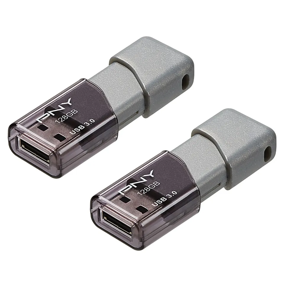 PNY Turbo Attaché 3 USB 3.0 Flash Drives, 128GB, Silver, Pack Of 2 Drives