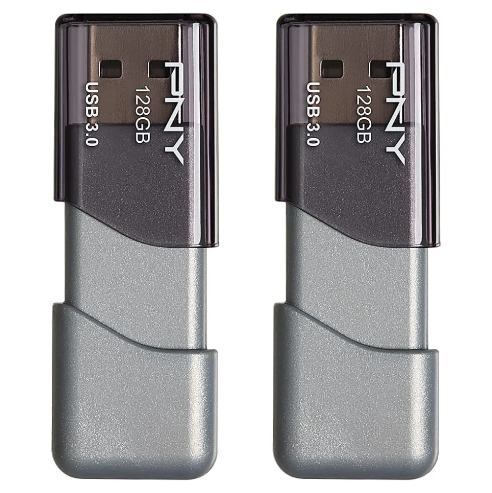 PNY Turbo Attaché 3 USB 3.0 Flash Drives, 128GB, Silver, Pack Of 2 Drives