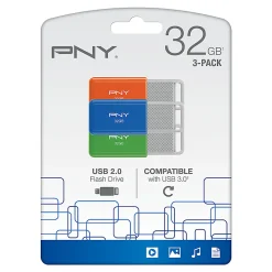 PNY USB 2.0 Flash Drives, 32GB, Assorted Colors, Pack Of 3 Drives