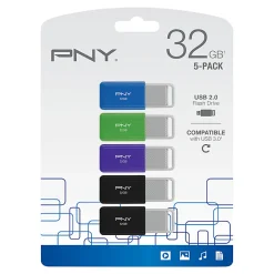 PNY USB 2.0 Flash Drives, 32GB, Assorted Colors, Pack Of 5 Flash Drives