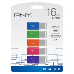 PNY USB 2.0 Flash Drives, 16GB, Assorted Colors, Pack Of 5 Flash Drives