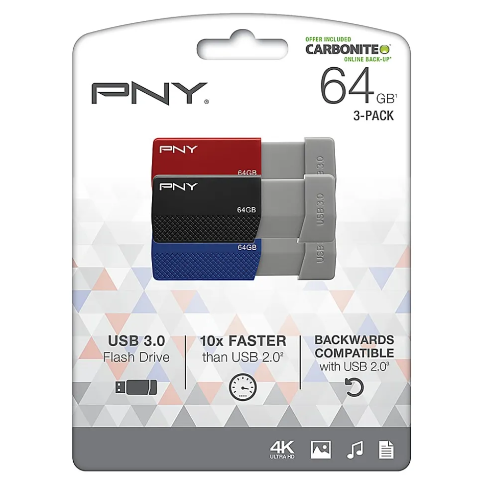 PNY USB 3.0 Flash Drives, 64GB, Assorted Colors, Pack Of 3 Drives
