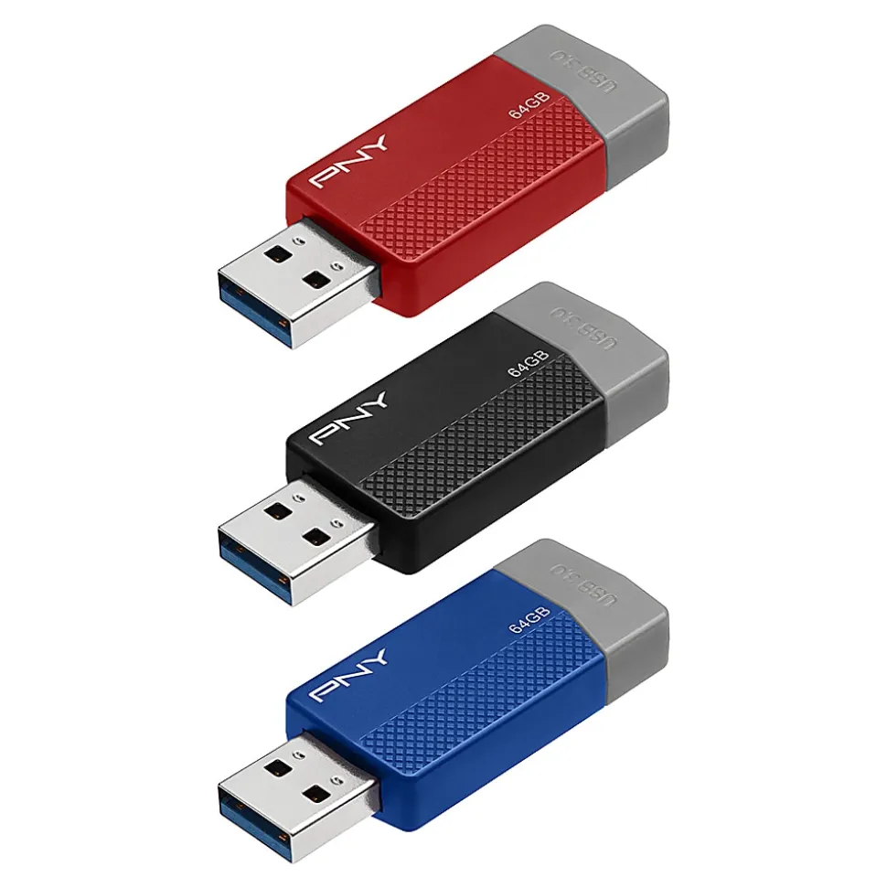 PNY USB 3.0 Flash Drives, 64GB, Assorted Colors, Pack Of 3 Drives