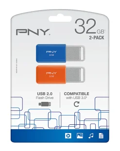 PNY USB 2.0 Flash Drives, 32GB, Assorted, Pack Of 2