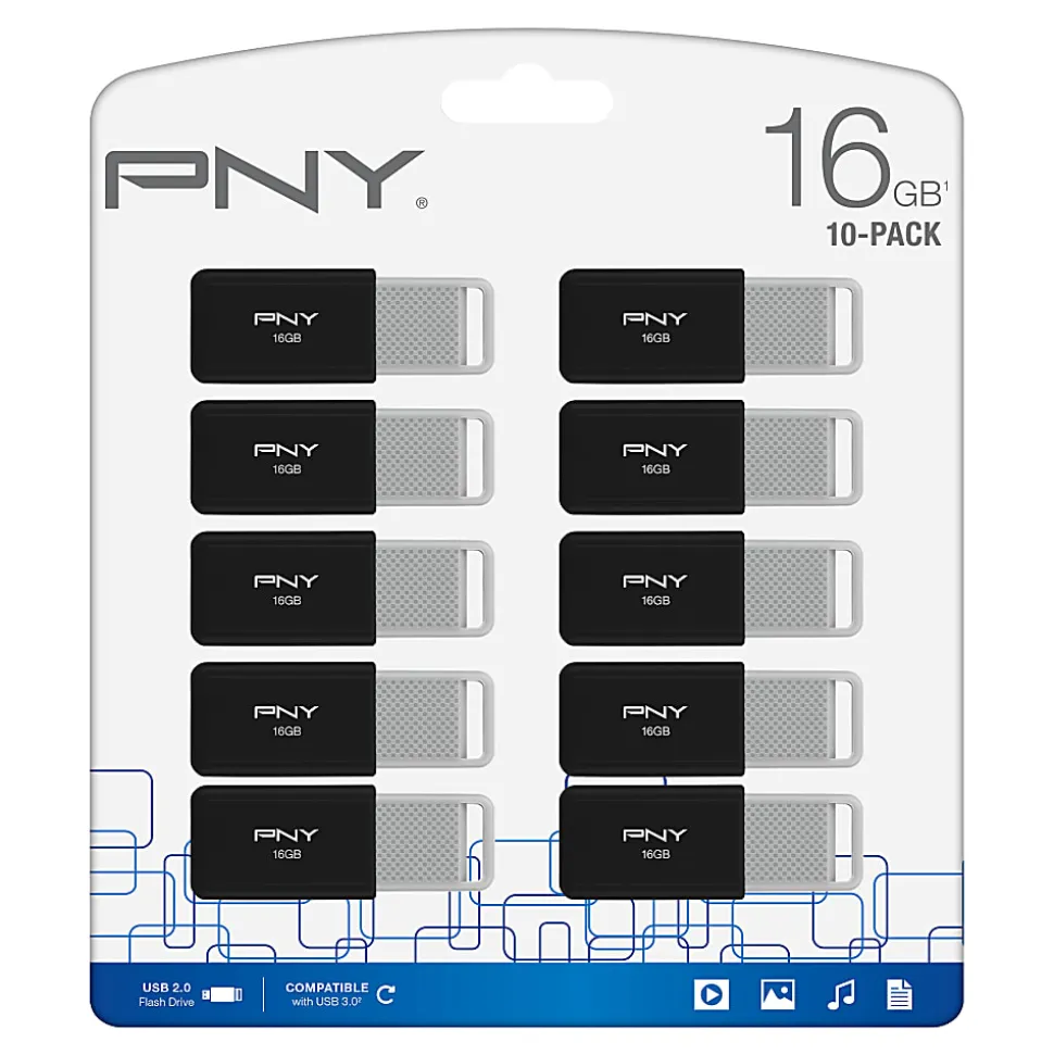 PNY USB 2.0 Flash Drives, 16GB, Black, Pack Of 10 Drives