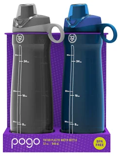 Pogo Tritan Chug Water Bottles, 32 Oz, Gray/Blue, Pack Of 2 Bottles