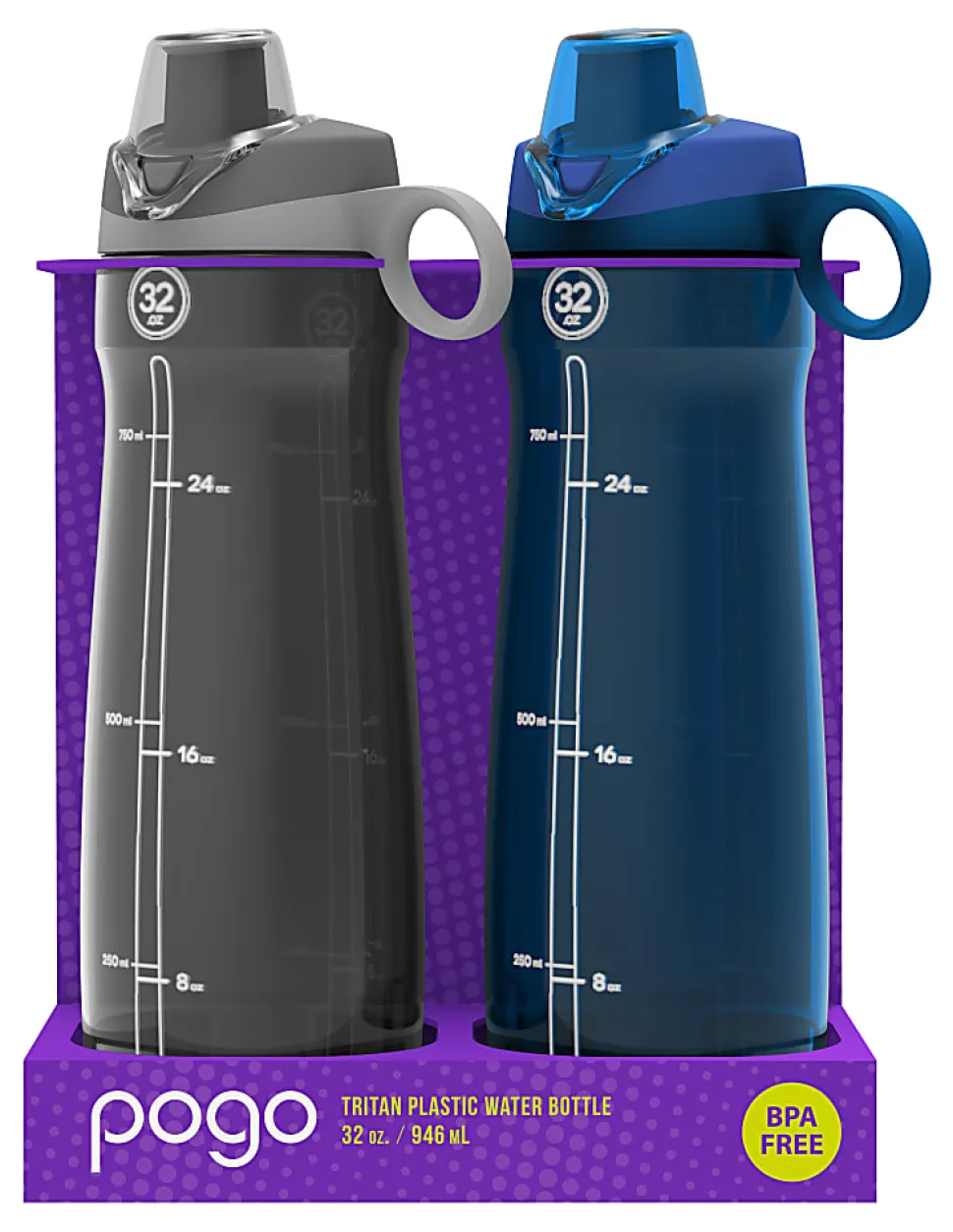 Pogo Tritan Chug Water Bottles, 32 Oz, Gray/Blue, Pack Of 2 Bottles