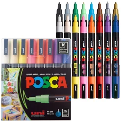 POSCA PC-3M Water-Based Paint Markers, 16 Pack, Reversible Fine Tip (0.9-1.3mm), Assorted Colors