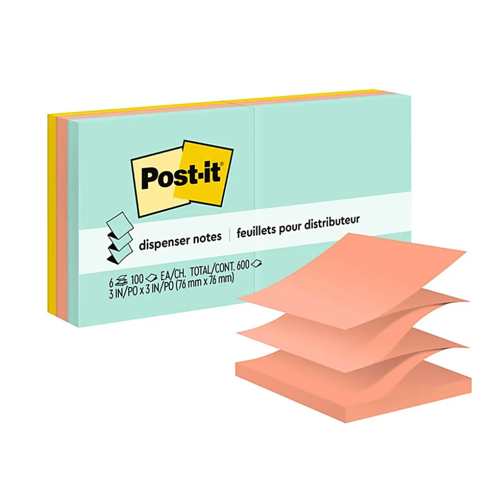 Post-it® Dispenser Pop-up Notes, 600 Total Notes, Pack Of 6 Pads, 3" x 3", Beachside Café Collection, 100 Notes Per Pad