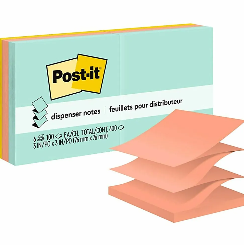 Post-it® Dispenser Pop-up Notes, 600 Total Notes, Pack Of 6 Pads, 3" x 3", Beachside Café Collection, 100 Notes Per Pad