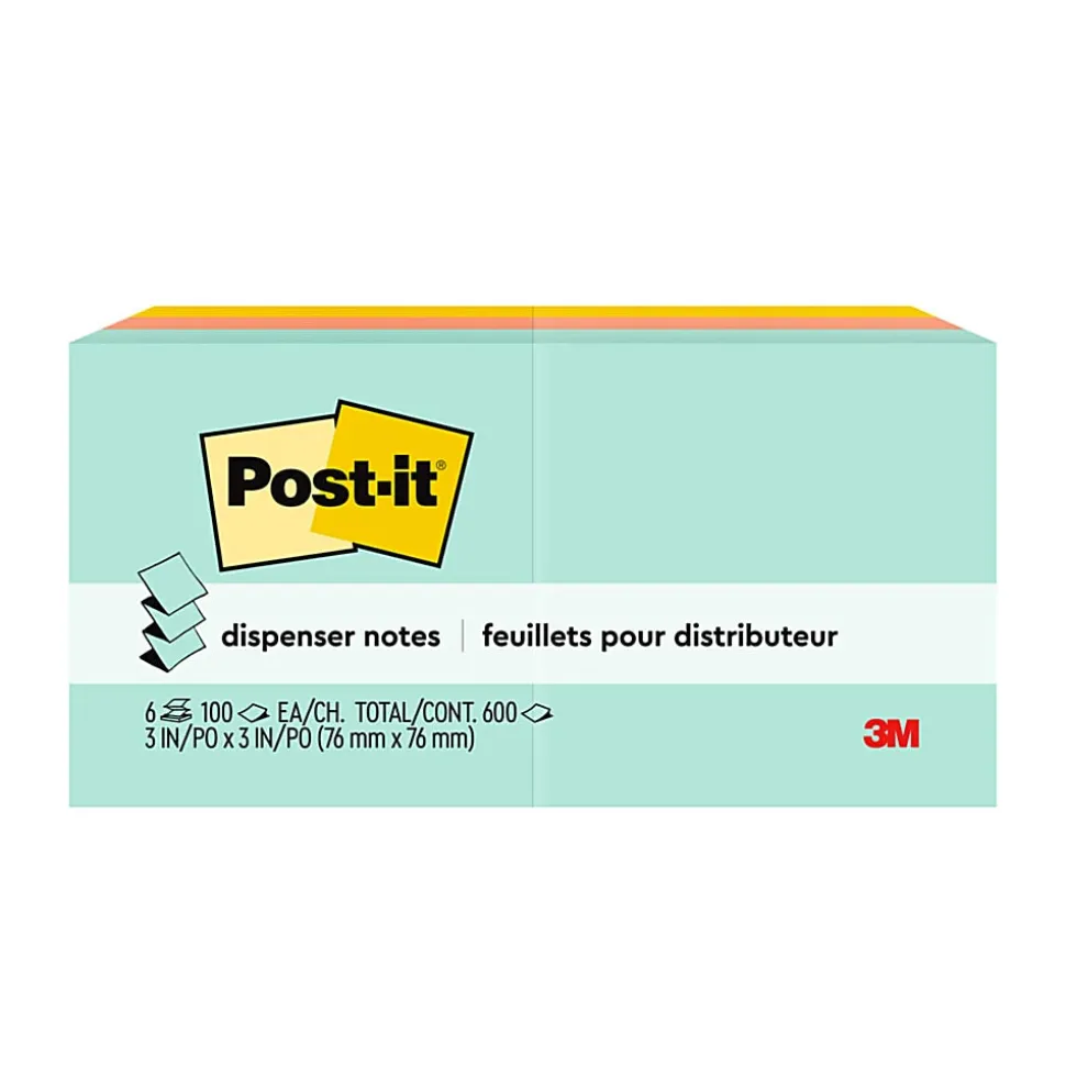 Post-it® Dispenser Pop-up Notes, 600 Total Notes, Pack Of 6 Pads, 3" x 3", Beachside Café Collection, 100 Notes Per Pad