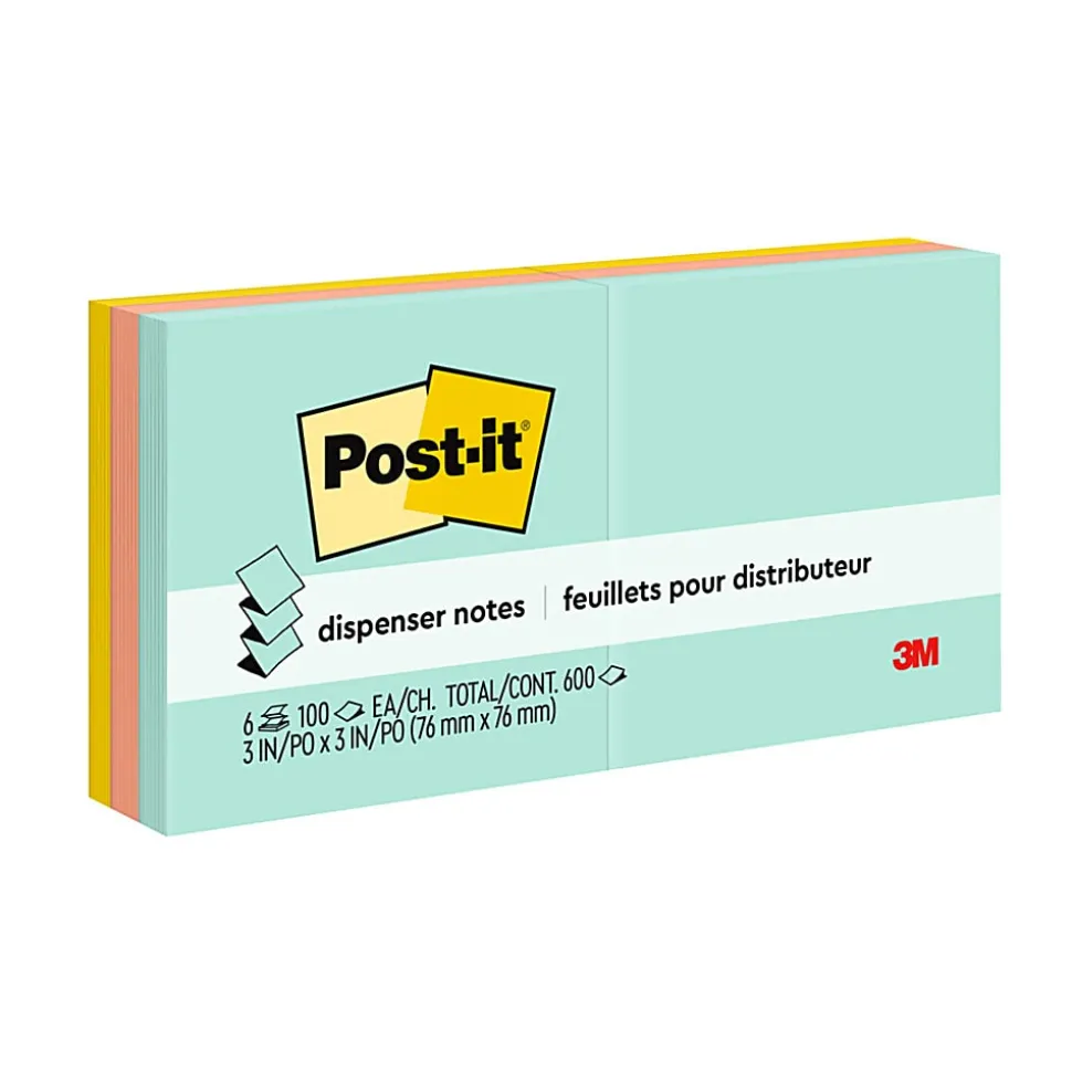 Post-it® Dispenser Pop-up Notes, 600 Total Notes, Pack Of 6 Pads, 3" x 3", Beachside Café Collection, 100 Notes Per Pad