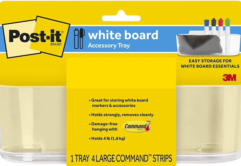 Post-it® Dry Erase Accessory Tray, 8-5/8” x 3-1/8" x 2-15/16", 1 Accessory Tray, 4 Adhesive Strips, Clear