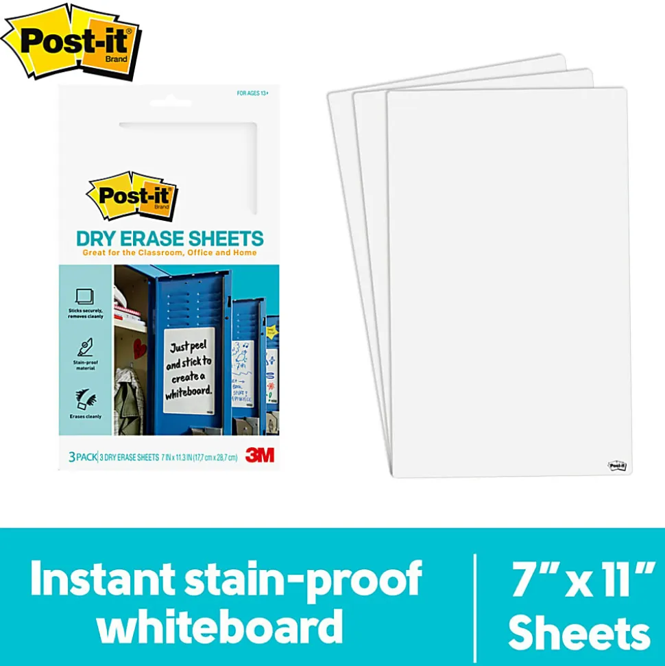 Post-it® Dry Erase Sheets, 7 in x 11.3 in, 1 Pack, 3 Sheets/Pack, White, DEFSHEETS-3PK