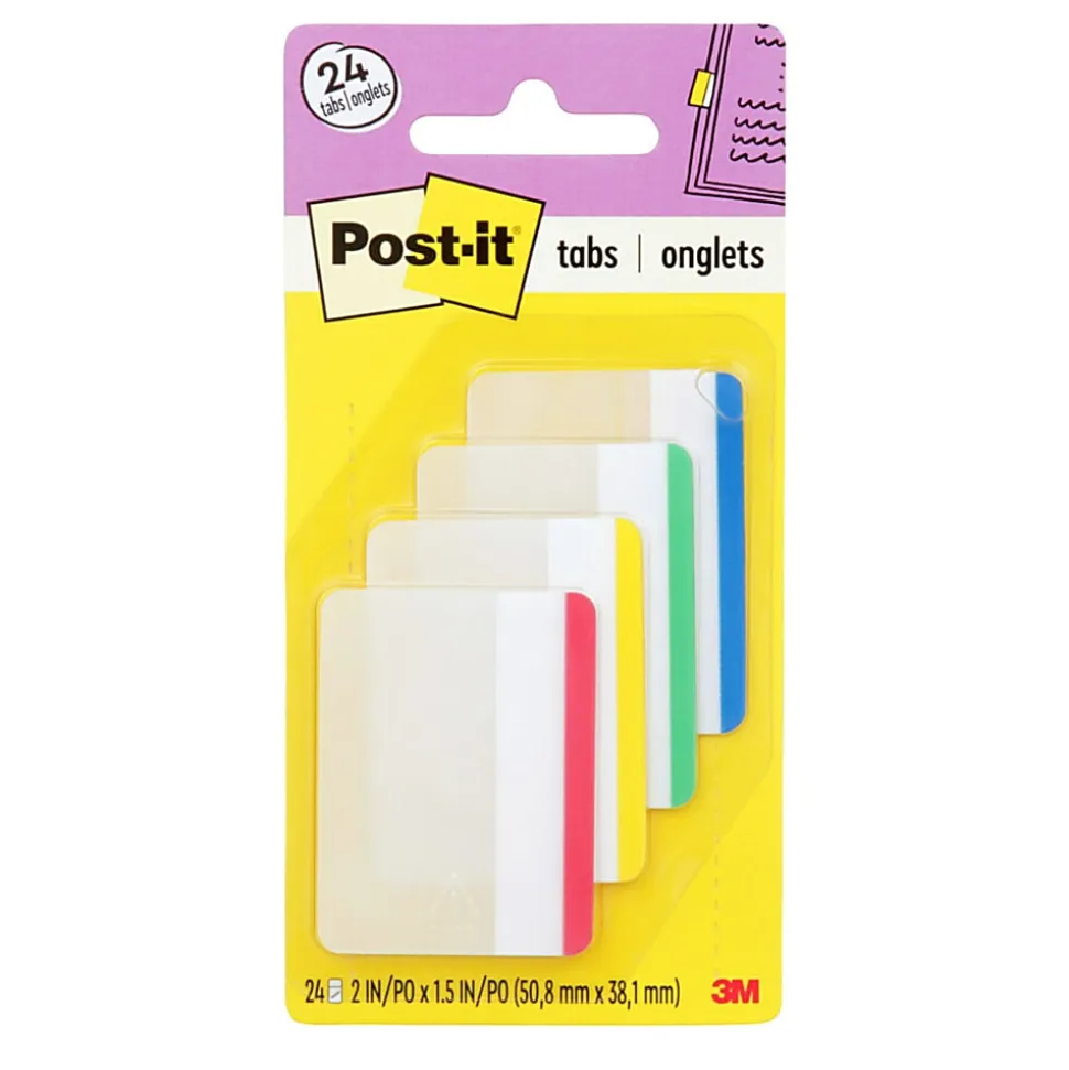 Post-it® Durable Tabs, 2 in. x 1.5 in. Pack of 24 Tabs, Beige, Green, Red, Canary Yellow