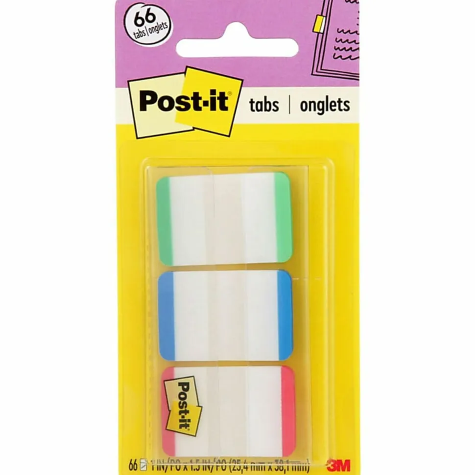 Post-it® Durable Tabs, 1" x 1 1/2", Blue/Green/Red Color Bars, 22 Flags Per Pad, Pack Of 3 Pads