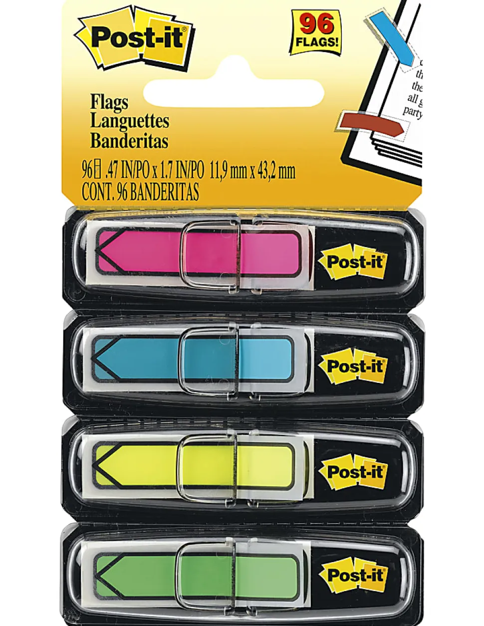 Post-it® Flags, .5 in. x 1.7 in., 4 Dispensers, 24 Flags/Dispenser, Assorted Bright Colors, School Supplies for Students, Flags for Textbooks