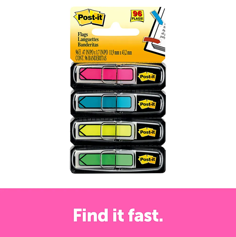 Post-it® Flags, .5 in. x 1.7 in., 4 Dispensers, 24 Flags/Dispenser, Assorted Bright Colors, School Supplies for Students, Flags for Textbooks